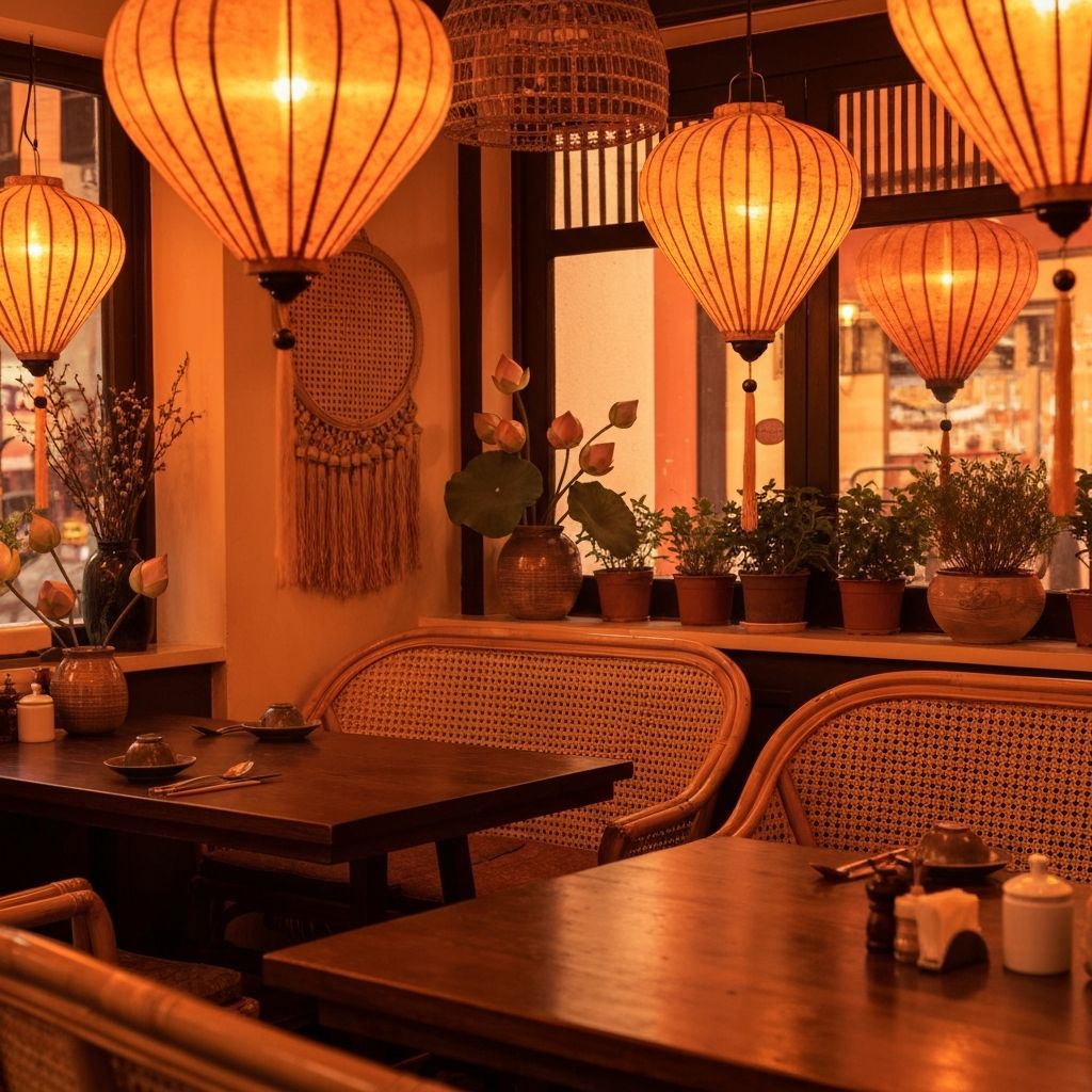 Warm interior of Gia Đình Marickville restaurant with ambient lantern lighting and Vietnamese décor