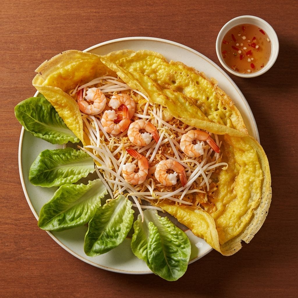 Golden crispy bánh xèo sizzling pancake served with fresh herbs