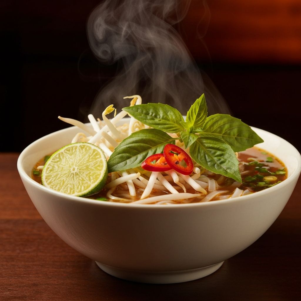 Steaming bowl of Vietnamese pho with fresh herbs and noodles
